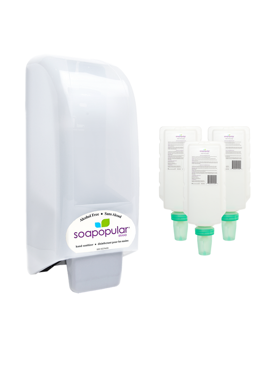 Soapopular alcohol free package comes with a manual dispenser and three cartridge refills.