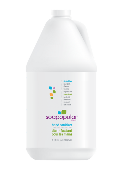 Soapopular alcohol free hand sanitizer comes in a 4L bulk fill bottle to fill manual and automatic dispensers.