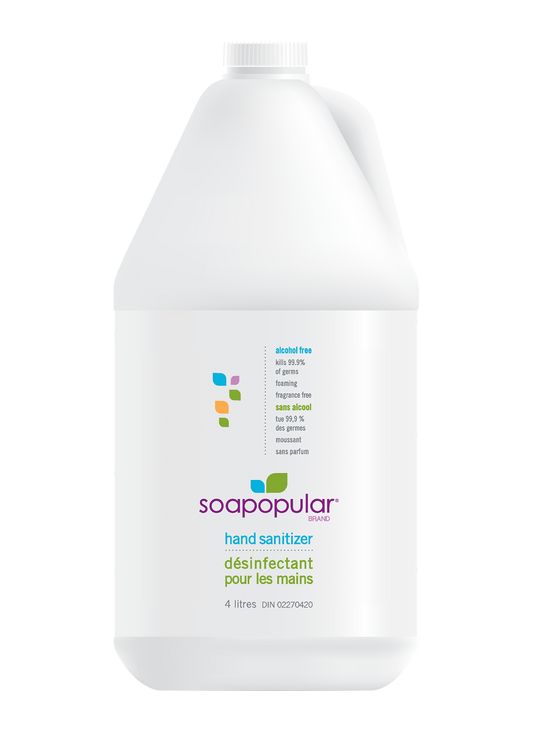 Soapopular alcohol free hand sanitizer comes in a 4L bulk fill bottle to fill manual and automatic dispensers.