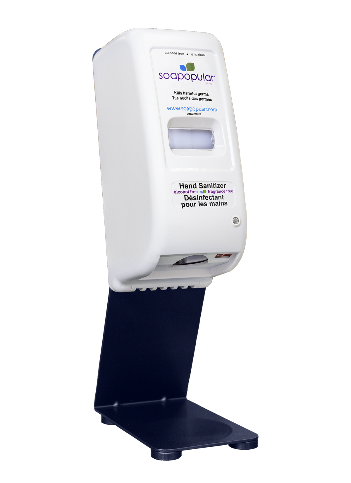 Soapopular alcohol free countertop dispenser stand dispenses a foaming formula.