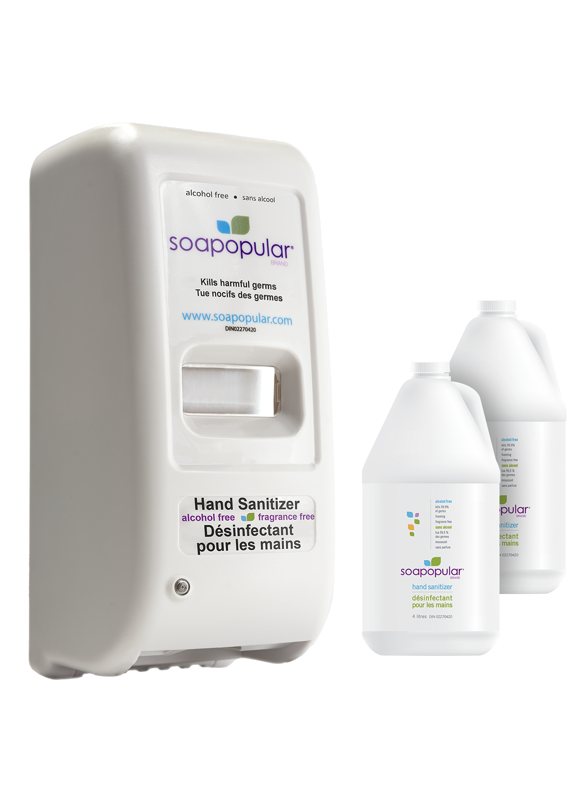 Soapopular sanitizer package comes wth a touchless dispenser and 2 4L bulk-fill bottles.