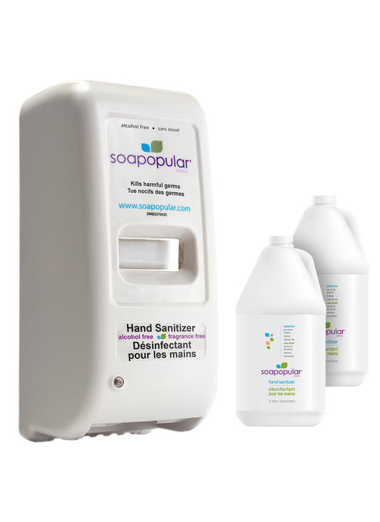 Soapopular sanitizer package comes wth a touchless dispenser and 2 4L bulk-fill bottles.