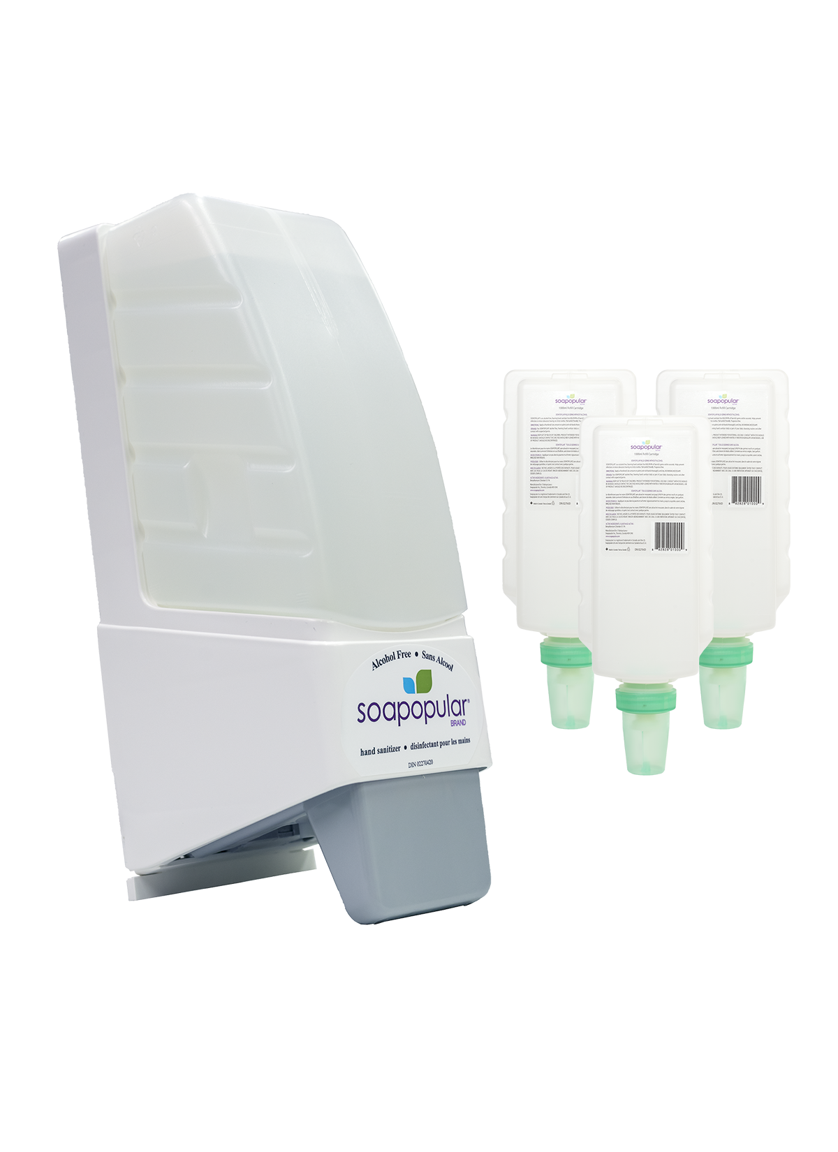 Soapopular alcohol free manual dispenser package comes with a dispenser and three cartridge refills.