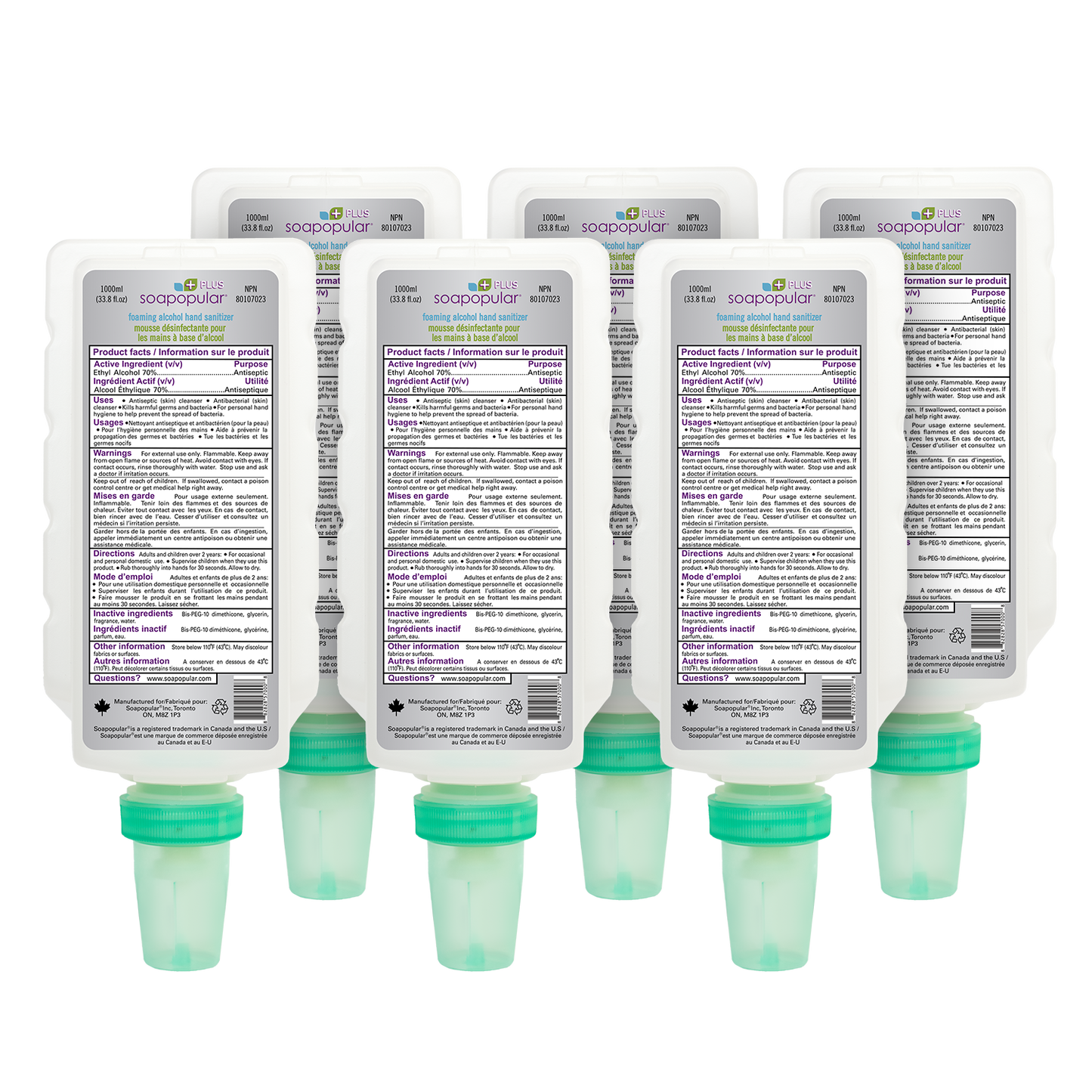 PROMOTION*  Soapopular Plus® 70% Alcohol Foam Hand Sanitizer 1 L Cartridge Refill (6PK)  &  Receive 1 FREE  Wall Covered Dispenser