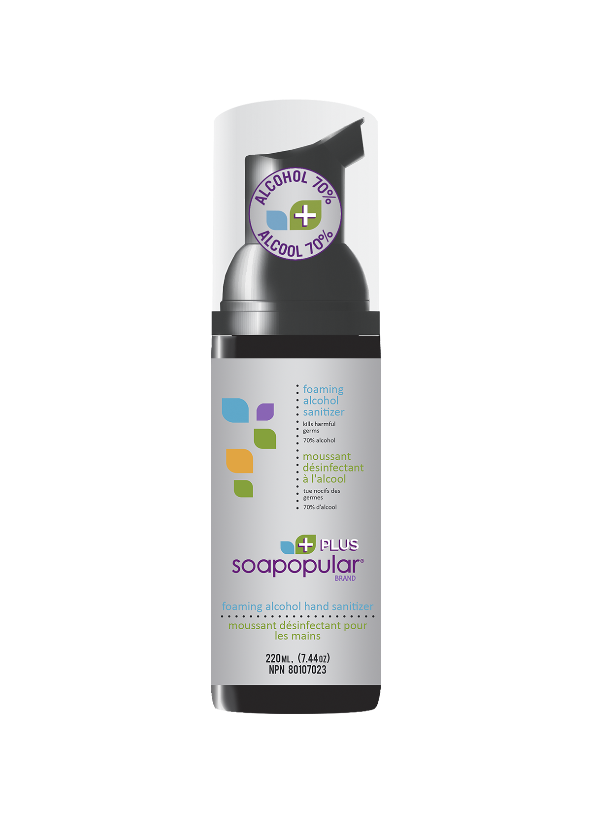 Soapopular 70% alcohol hand sanitizer in a 180mL size is a foaming formula that is soft and smooth to the skin.