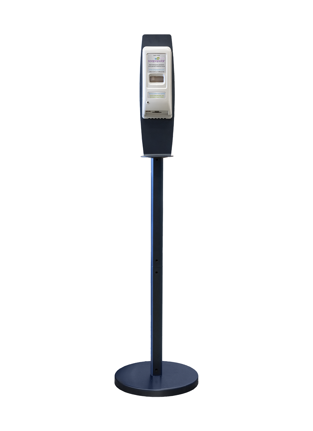 Soapopular automatic dispenser stand comes with a 1000mL touchless dispenser and a mounting blue stand.