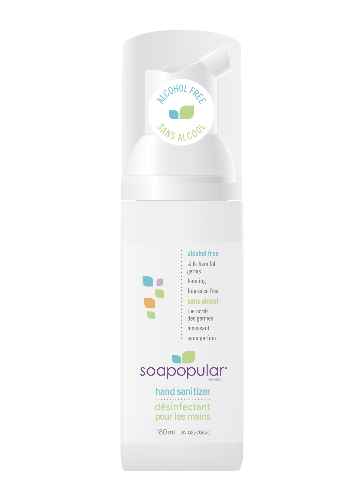 Soapopular alcohol free 180mL sanitizer dispenses a foaming formula that is gentle on the skin.