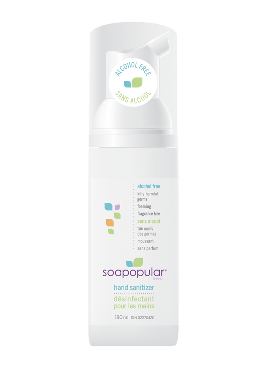 Soapopular alcohol free 180mL sanitizer dispenses a foaming formula that is gentle on the skin.