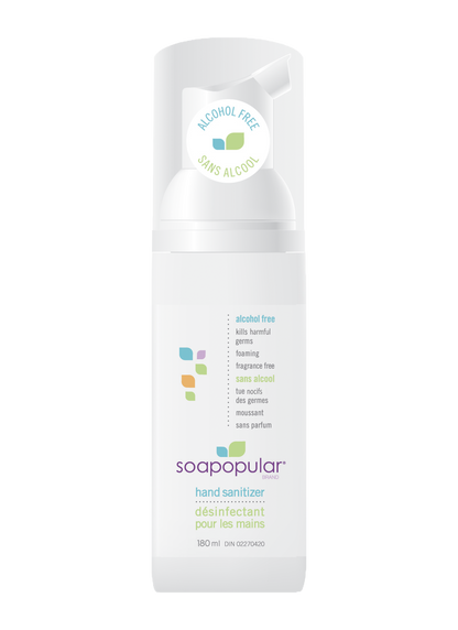Soapopular alcohol free 180mL sanitizer dispenses a foaming formula that is gentle on the skin.