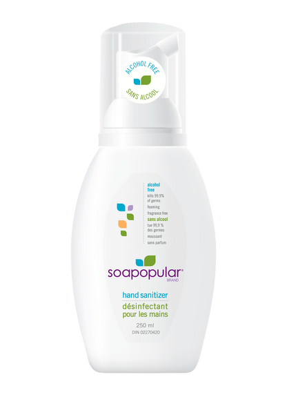 Soapopular alcohol free hand sanitizer comes in a 250mL size and applies a rich foaming formula.