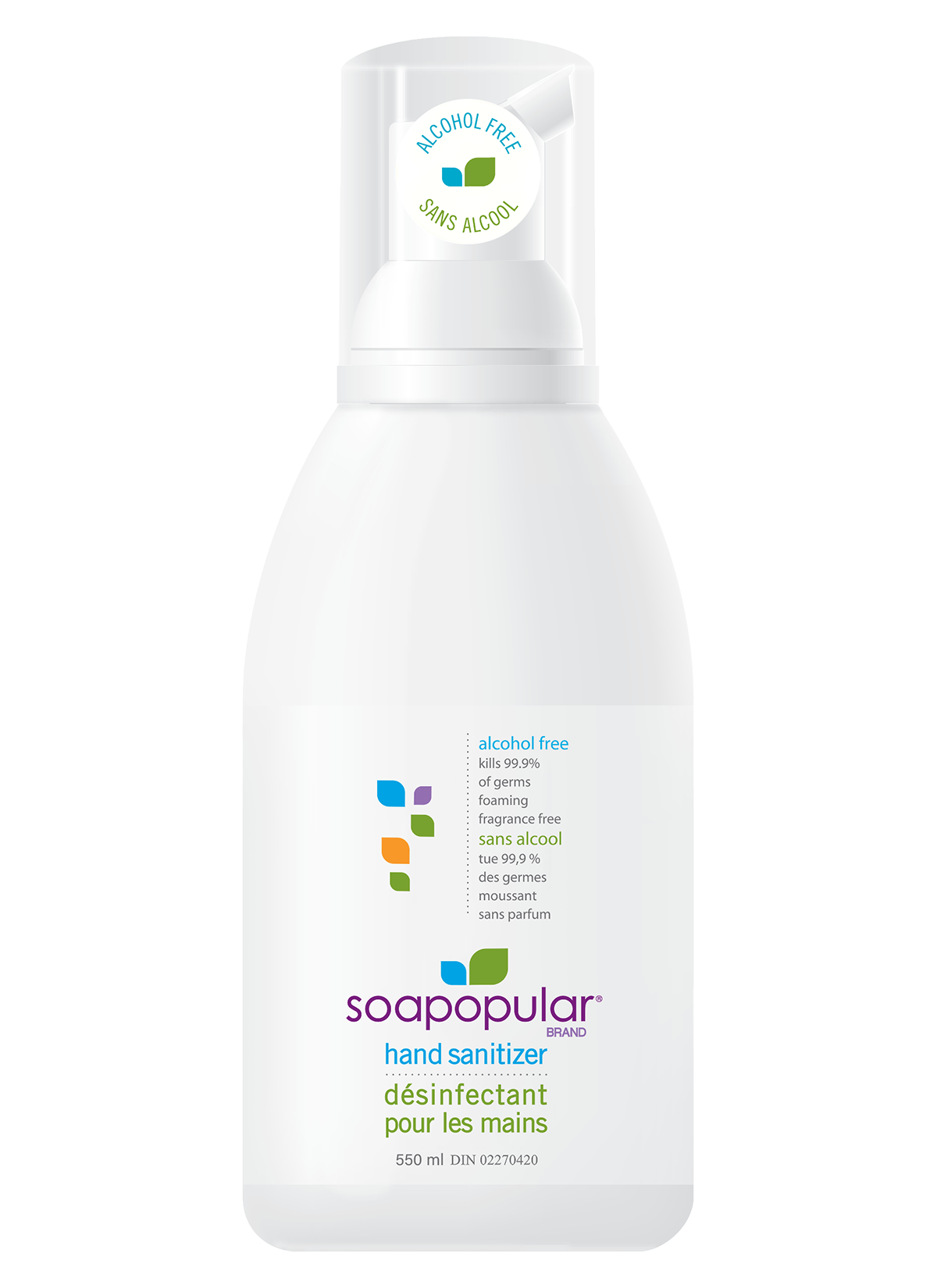 Soapopular alcohol free sanitizer comes in a 550mL bottle and applies a foaming formula.