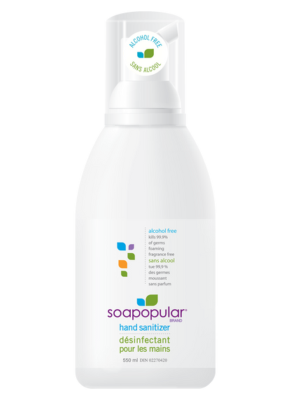 Soapopular alcohol free sanitizer comes in a 550mL bottle and applies a foaming formula.