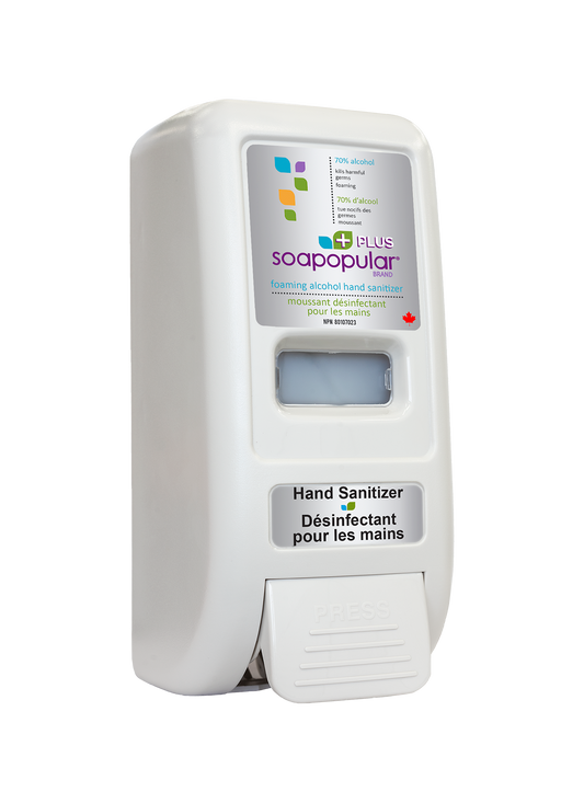 Soapopular manual dispenser holds 70% alcohol sanitizer and offers 2,600 applications.
