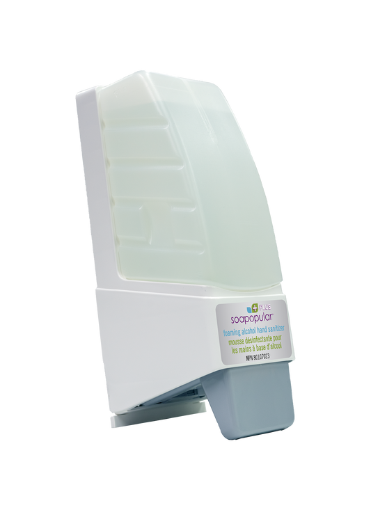 Soapopular 70% alcohol sanitizer uses 1000mL cartridges to dispense a foam formula.
