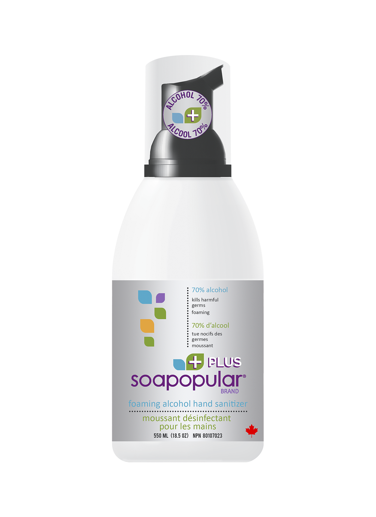 Soapopular 70% alcohol hand sanitizer comes in a 550mL size and foaming formula for a smooth and soft feel after use.