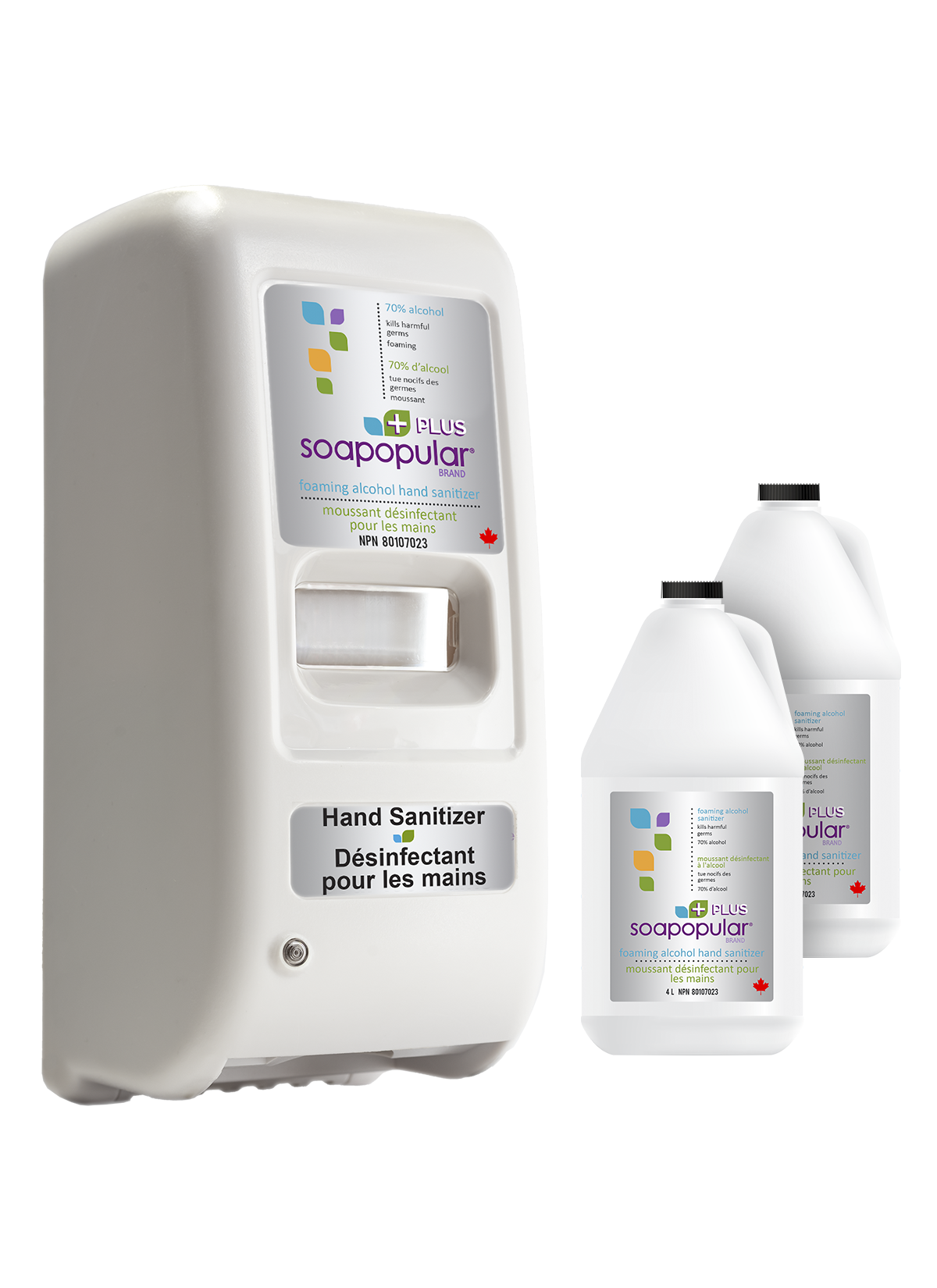 Soapopular DIspenser package includes one touchless dispenser and 2 Alcohol 4L refill sanitizer bottles.