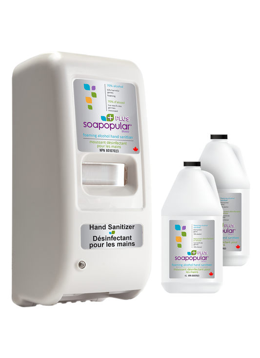 Soapopular DIspenser package includes one touchless dispenser and 2 Alcohol 4L refill sanitizer bottles.