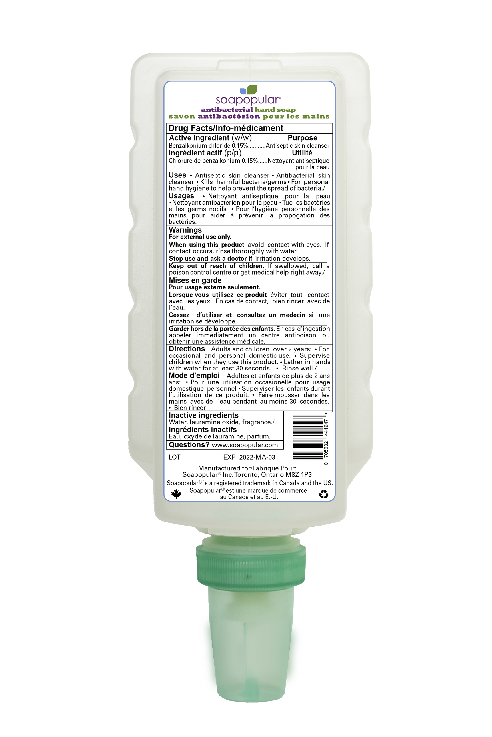 Soapopular triclosan free hand soap cartridge fill can be used to refill manual dispensers.