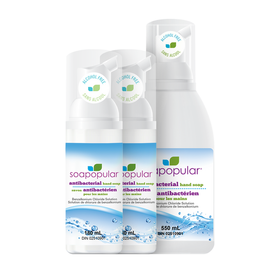 Soapopular triclosan free hand soap package comes with two different sizes that have a foaming formula.