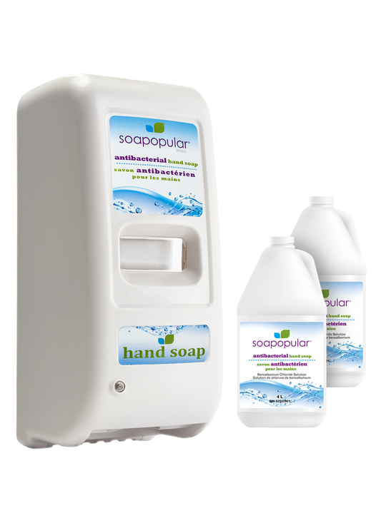 Soapopular triclosan free hand soap package comes with a touchless dispenser and two 4L bulk fill bottles.