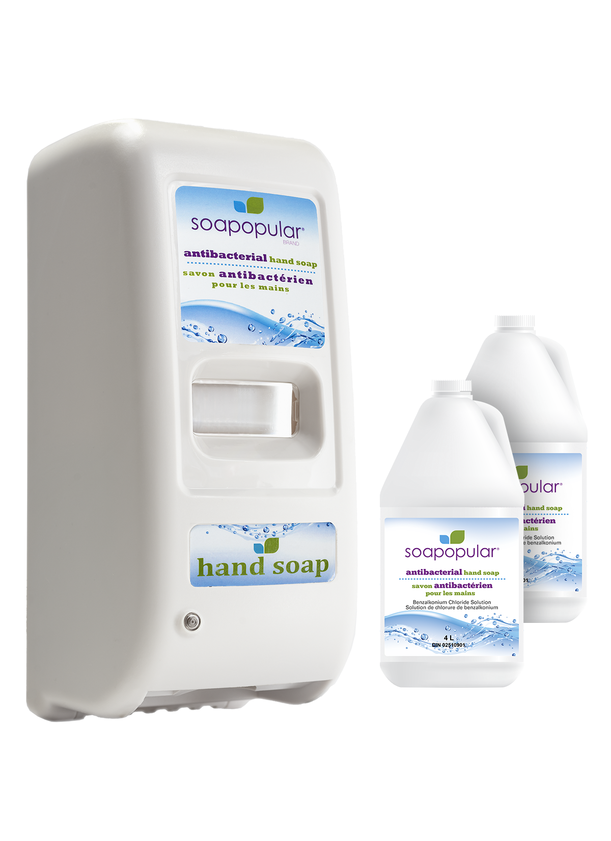 Soapopular triclosan free hand soap package comes with a touchless dispenser and two 4L bulk fill bottles.