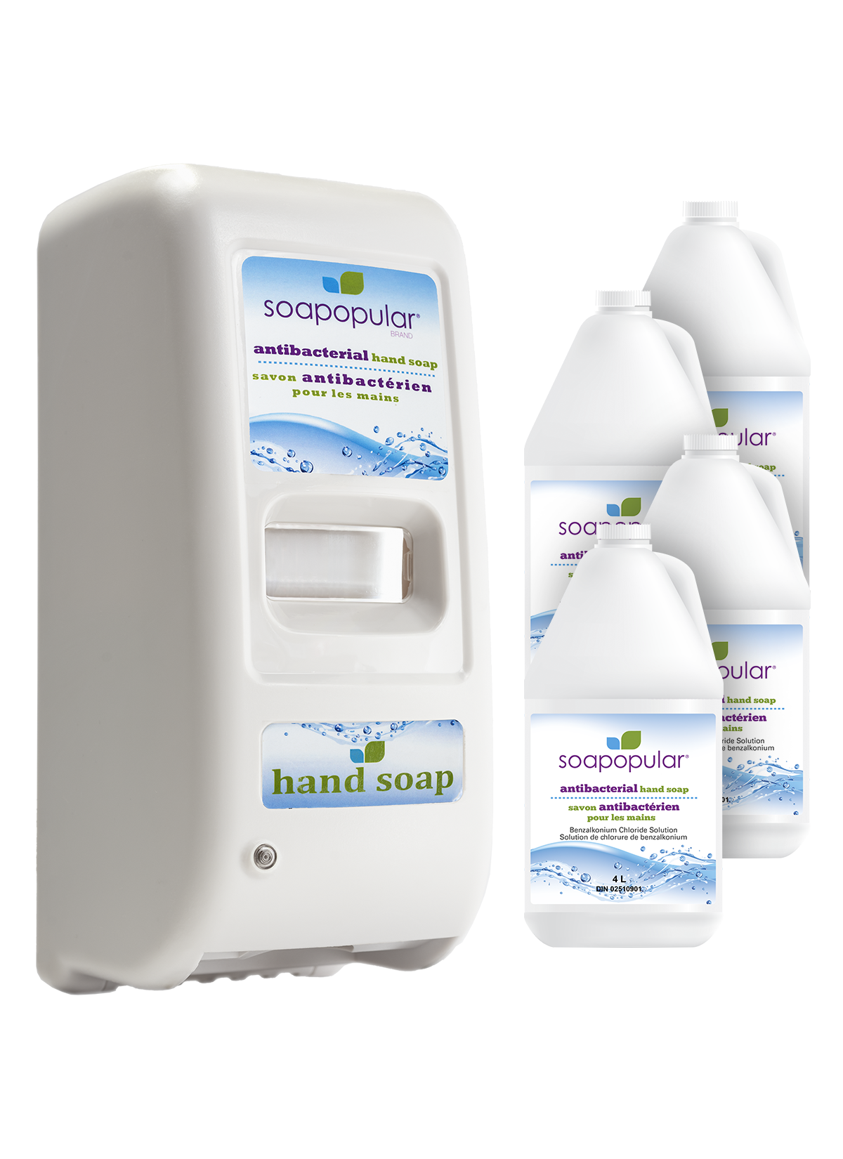Soapopular® Triclosan-Free Antibacterial Foaming Hand Soap Automatic 1L Dispenser + 4L Bulk Soapopular® Triclosan-free Antibacterial Foaming Hand Soap Jug refill Package