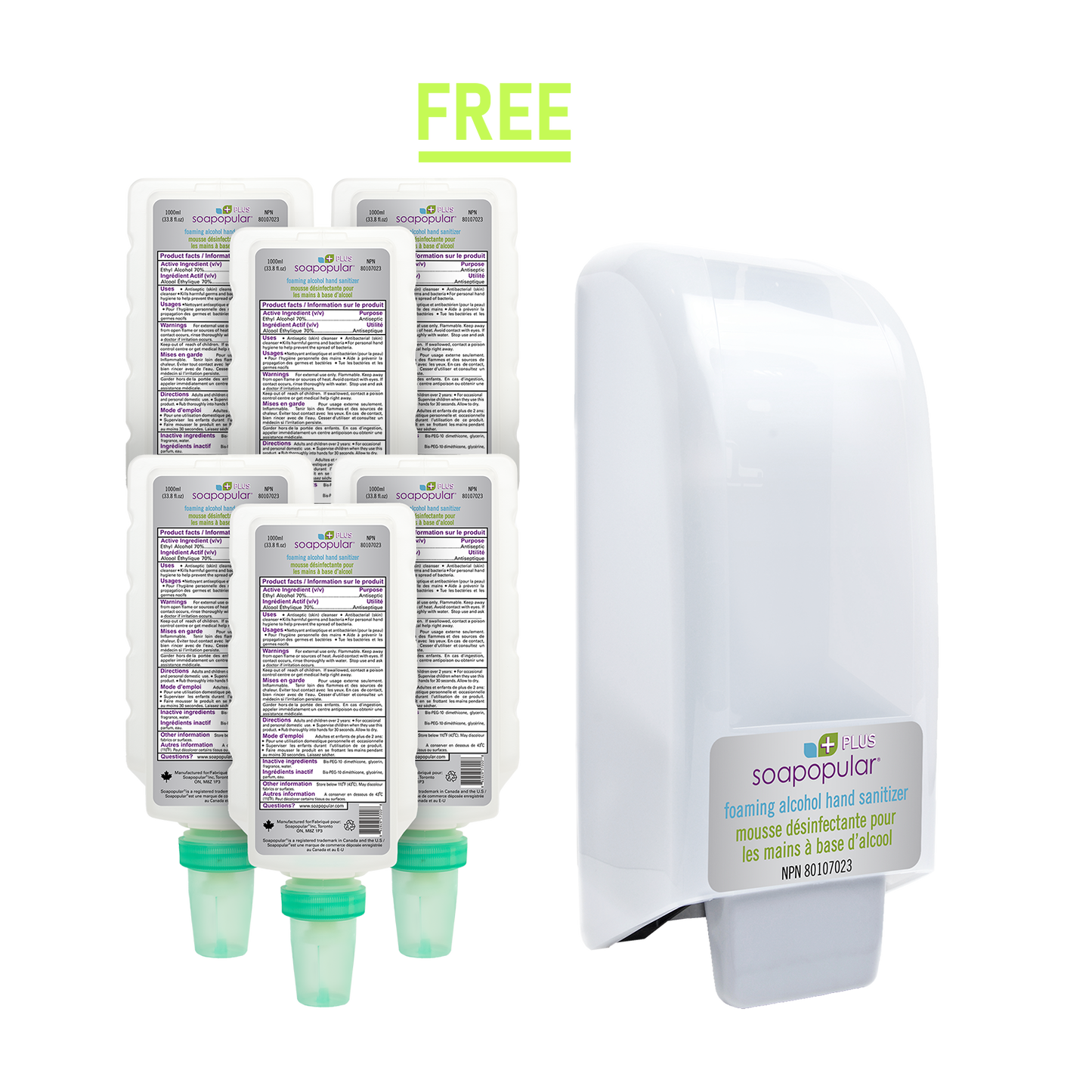 PROMOTION*  Soapopular Plus® 70% Alcohol Foam Hand Sanitizer 1 L Cartridge Refill (6PK)  &  Receive 1 FREE  Wall Covered Dispenser