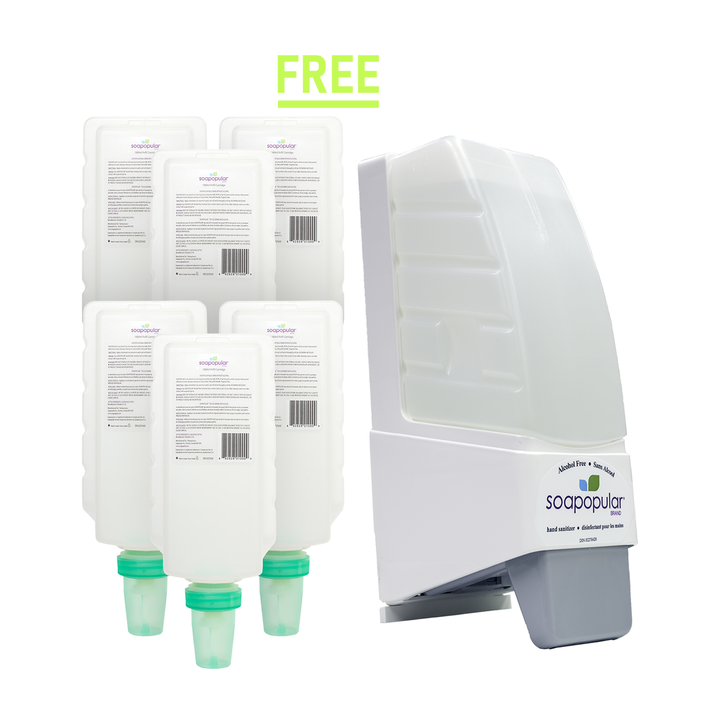 PROMOTION* Soapopular DIN Alcohol Free Foam Hand Sanitizer - 1 L Cartridge Refill (6PK) & Receive 1 FREE Wall Dispenser - No Cover