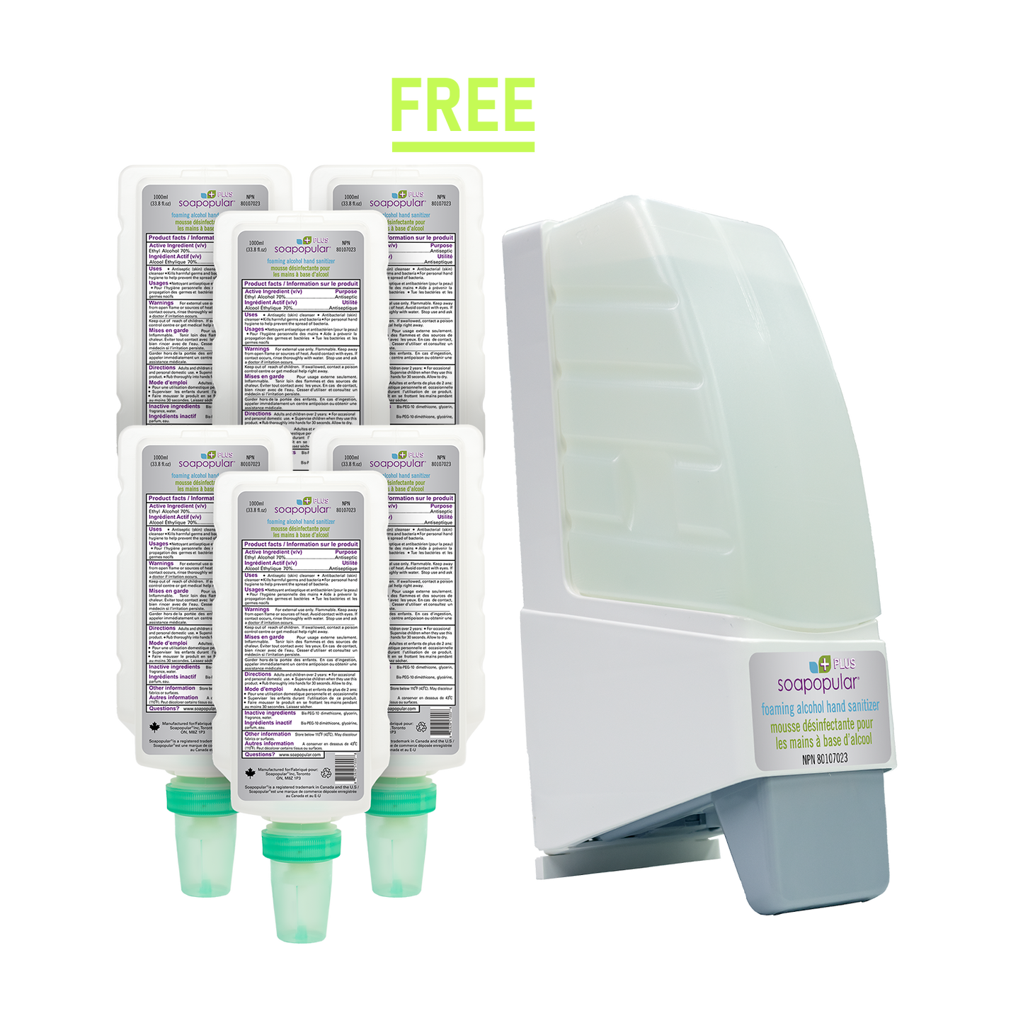 PROMOTION* Soapopular Plus 70% Alcohol Foam Hand Sanitizer - 1 L Cartridge Refill ( 6PK)  &  Get 1 Free Dispenser with NO COVER