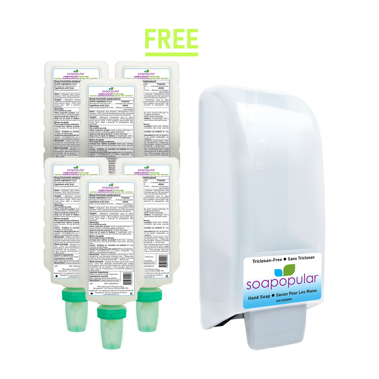 PROMOTION* Soapopular DIN Antibacterial Foam Hand Soap - 1 L Cartridge Refill (6PK) & Receive 1 FREE Wall Covered Dispenser