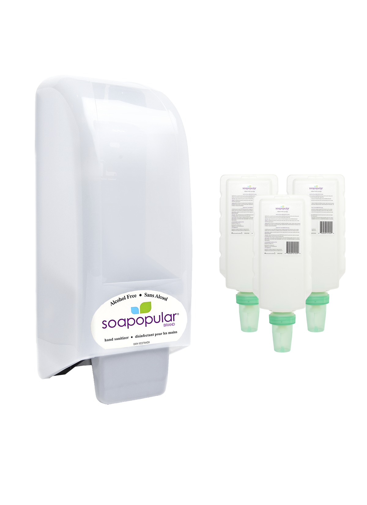 Soapopular alcohol free package comes with a manual dispenser and three cartridge refills.