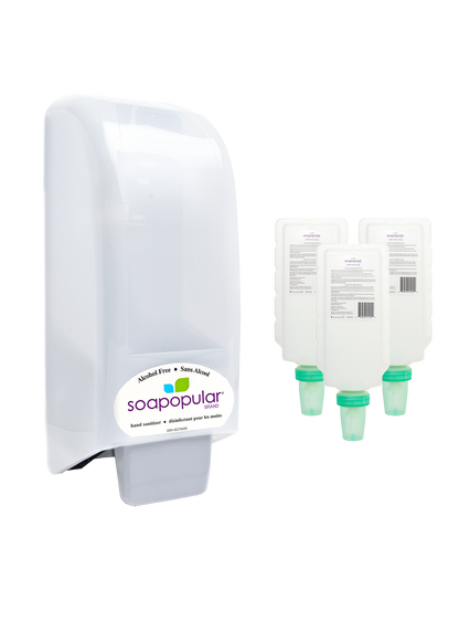 Soapopular alcohol free package comes with a manual dispenser and three cartridge refills.