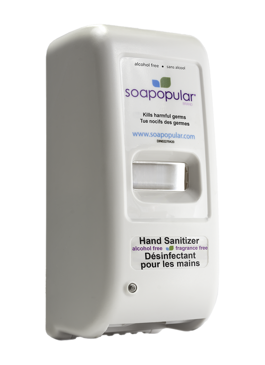 Soapopular alcohol free touchless dispenser comes in three different colours and dispenses foaming formula.