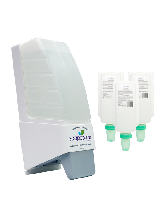 Soapopular alcohol free manual dispenser package comes with a dispenser and three cartridge refills.