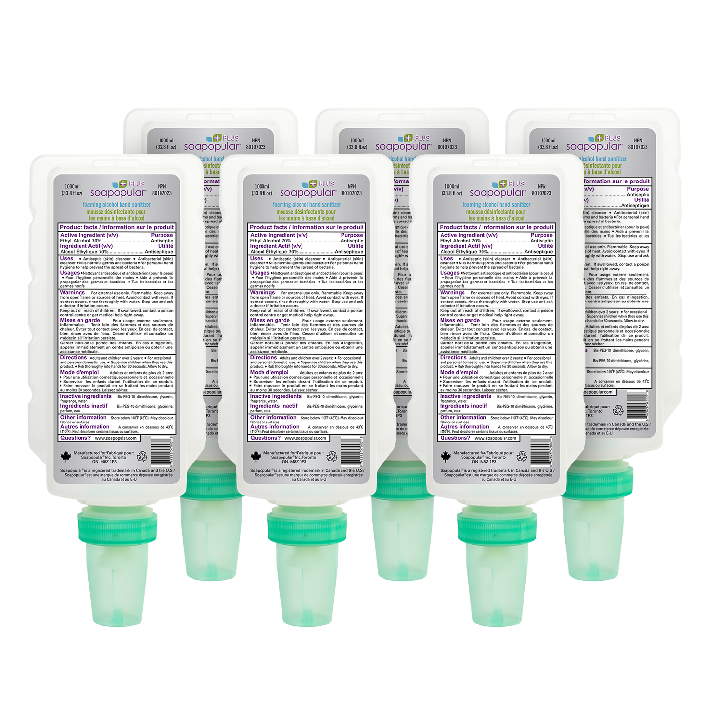 PROMOTION* Soapopular Plus 70% Alcohol Foam Hand Sanitizer - 1 L Cartridge Refill ( 6PK)  &  Get 1 Free Dispenser with NO COVER
