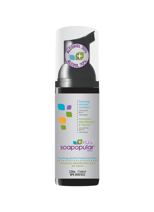 Soapopular 70% alcohol hand sanitizer in a 180mL size is a foaming formula that is soft and smooth to the skin.