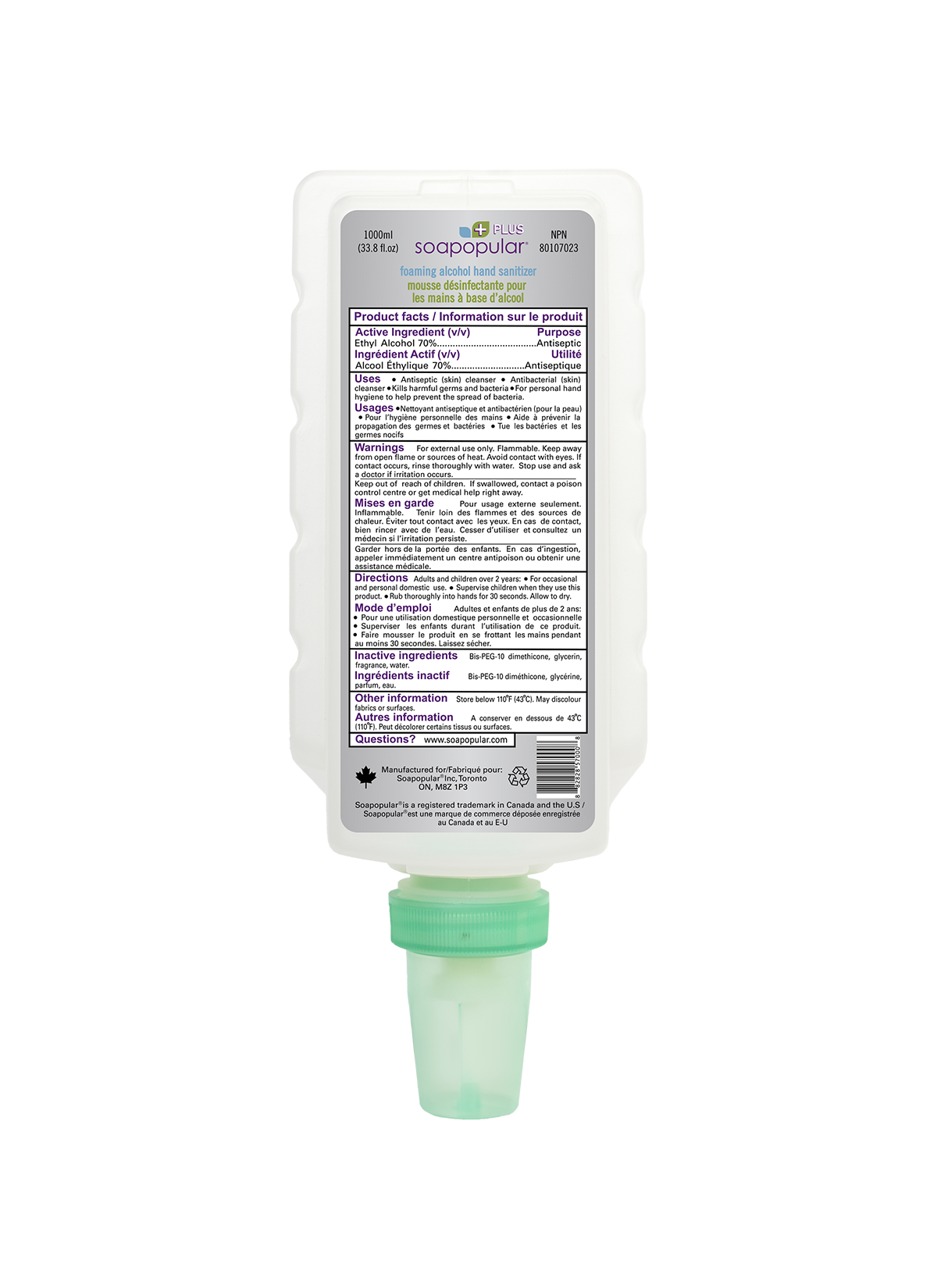 Soapopular 70% alcohol refill cartridge can be used to replace empty cartridges on manual dispensers.