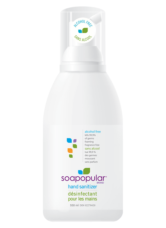 Soapopular alcohol free sanitizer comes in a 550mL bottle and applies a foaming formula.