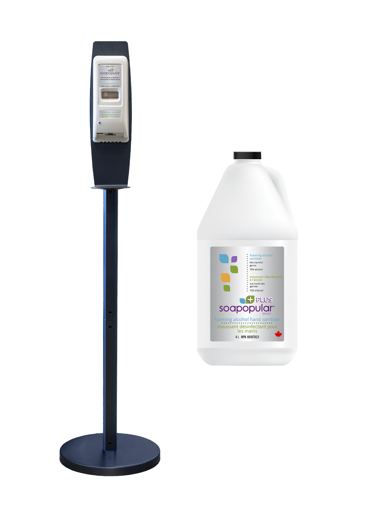 Soapopular Plus® 70% Alcohol Foam Hand Sanitizer Automatic Dispenser + Floor Stand in Navy Blue