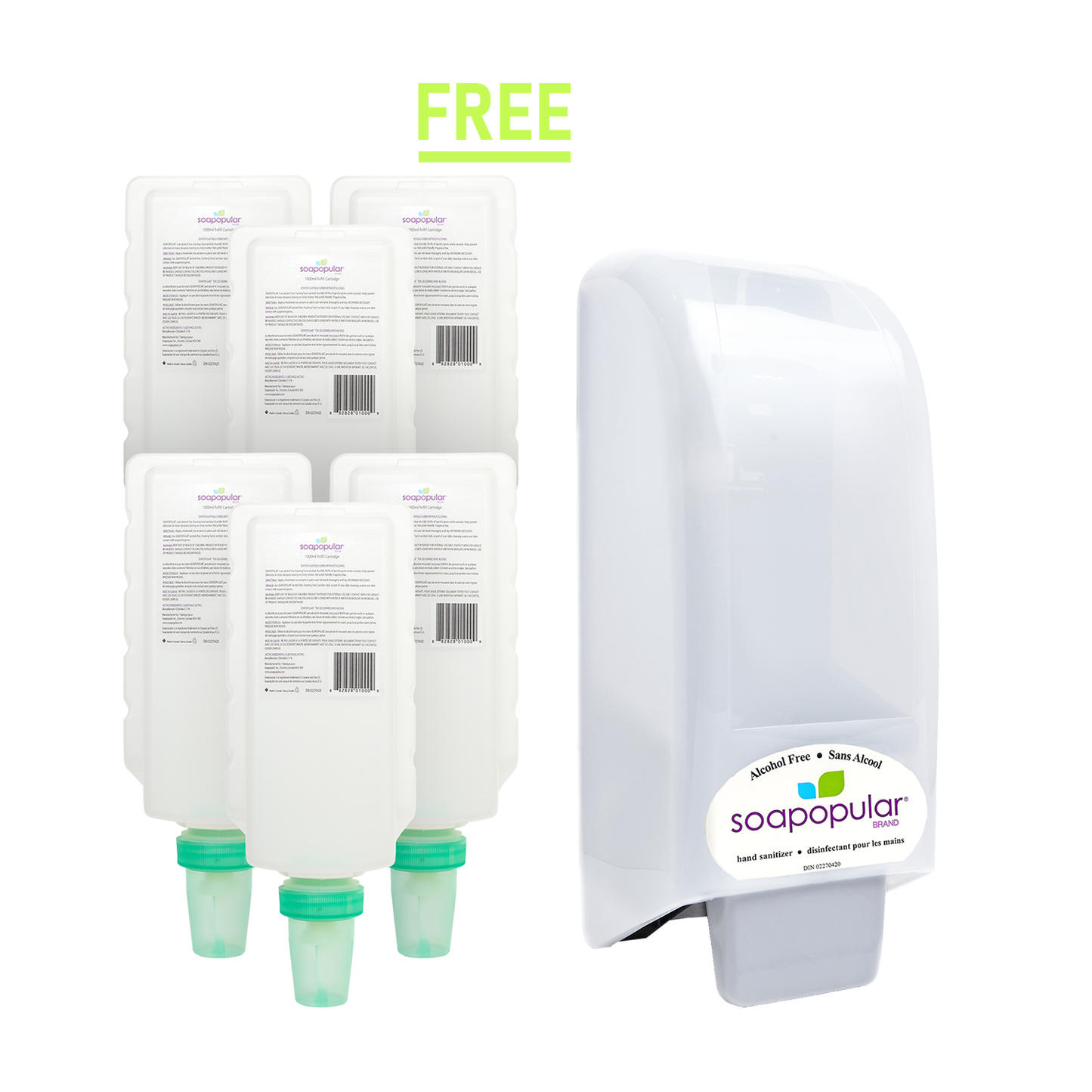 PROMOTION* Soapopular® DIN Alcohol-Free Foam Hand Sanitizer 1 L Cartridge Refill (6PK)  &  Receive 1 FREE  Wall Covered Dispenser