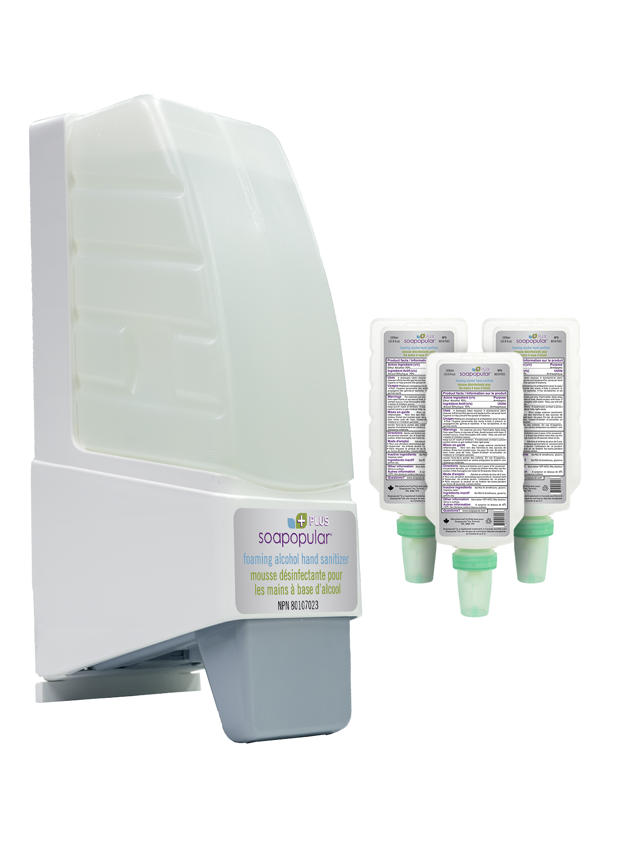 Soapopular Plus® 70% Alcohol Foam Hand Sanitizer No-Cover Manual Dispenser + 1 L Soapopular Plus® 70% Alcohol Foam Hand Sanitizer Refill Package