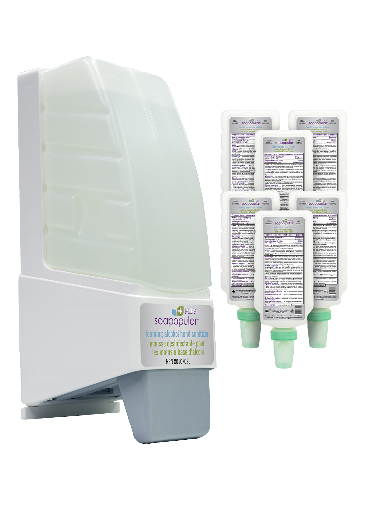 Soapopular Plus® 70% Alcohol Foam Hand Sanitizer No-Cover Manual Dispenser + 1 L Soapopular Plus® 70% Alcohol Foam Hand Sanitizer Refill Package