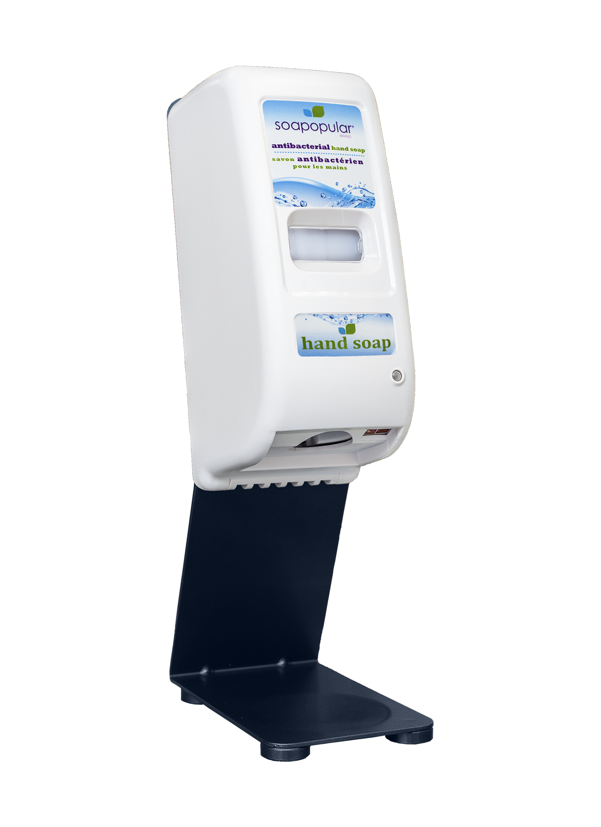 Soapopular triclosan free hand soap counter top dispenser is touchless and applies a foaming formua.